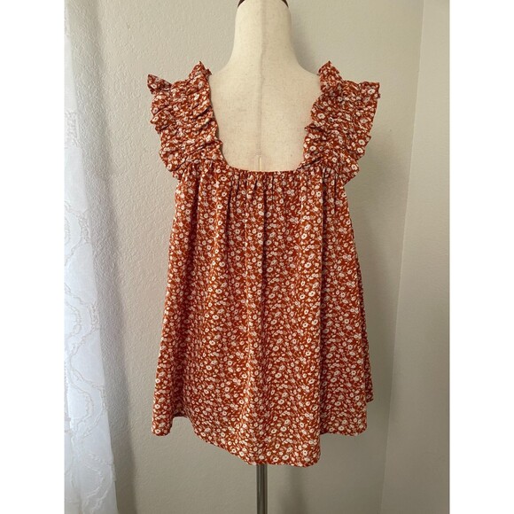 Entro Womens Ruffle Floral Sleeveless Blouse Size M Brown White Boho Cottagecore - Picture 2 of 8